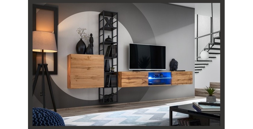 Meuble TV suspendu 180cm avec 2 portes et niches éclairées. Meuble coloris chêne Wotan. Collection SWITCH.