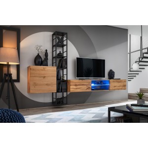 Meuble TV suspendu 180cm avec 2 portes et niches éclairées. Meuble coloris chêne Wotan. Collection SWITCH.