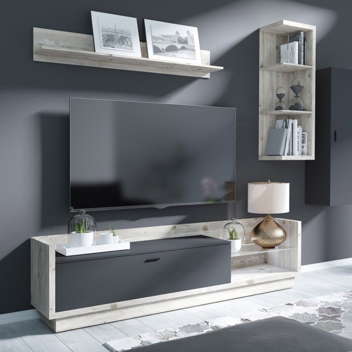 Meuble TV XL 220cm. Collection CORK. Coloris Pin et gris anthracite
