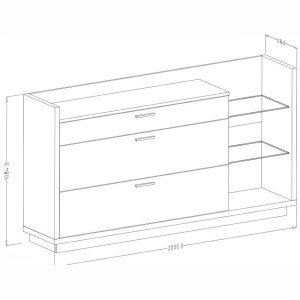 Buffet design XL 200cm. Collection CORK 3 tiroirs et étagères. Coloris gris et pin