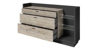 Buffet design XL 200cm. Collection CORK 3 tiroirs et étagères. Coloris gris et pin