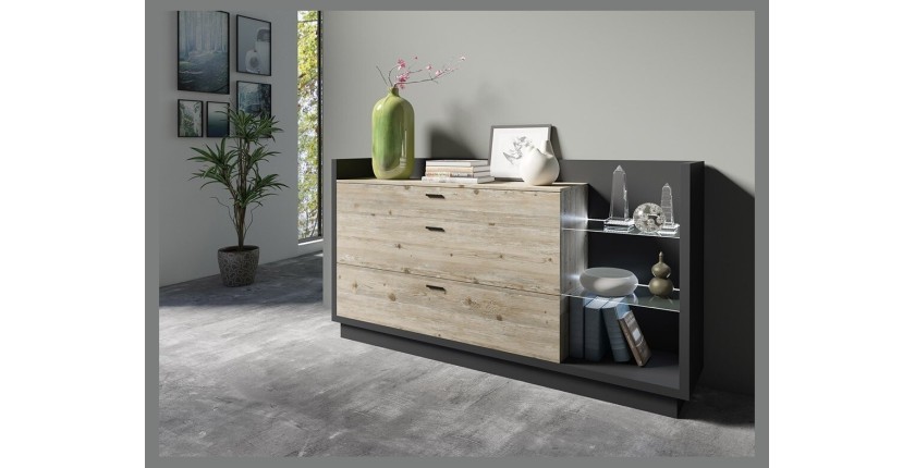 Buffet design XL 200cm. Collection CORK 3 tiroirs et étagères. Coloris gris et pin