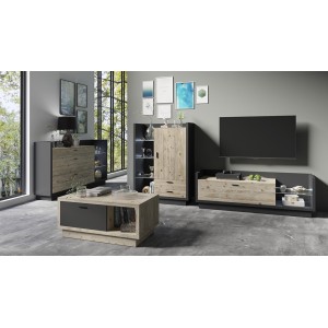 Meuble TV XL 220cm. Collection CORK. Coloris gris anthracite et pin