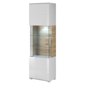 Vitrine design collection OHIO modèle haut. Coloris blanc et finition aspect chêne