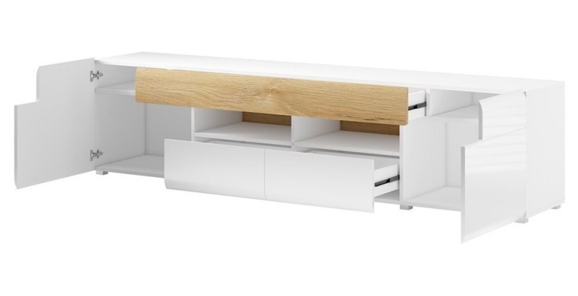Meuble TV 210cm collection OHIO. Coloris blanc et finitions chêne