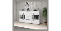 Buffet 180cm collection BREDA deux portes partiellement vitrées et trois tiroirs. Coloris blanc