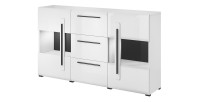 Buffet 180cm collection BREDA deux portes partiellement vitrées et trois tiroirs. Coloris blanc