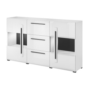 Buffet 180cm collection BREDA deux portes partiellement vitrées et trois tiroirs. Coloris blanc
