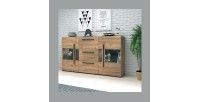 Buffet 180cm collection BREDA deux portes partiellement vitrées et trois tiroirs. Coloris Chêne