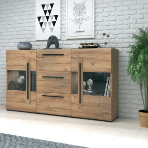 Buffet 180cm collection BREDA deux portes partiellement vitrées et trois tiroirs. Coloris Chêne