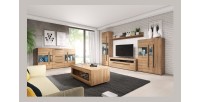 Buffet 180cm collection BREDA deux portes partiellement vitrées et trois tiroirs. Coloris Chêne