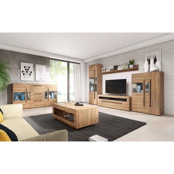 Buffet 180cm collection BREDA deux portes partiellement vitrées et trois tiroirs. Coloris Chêne