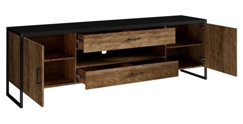Meuble TV 200cm style industriel. Collection ANAFI. Coloris épicéa et noir