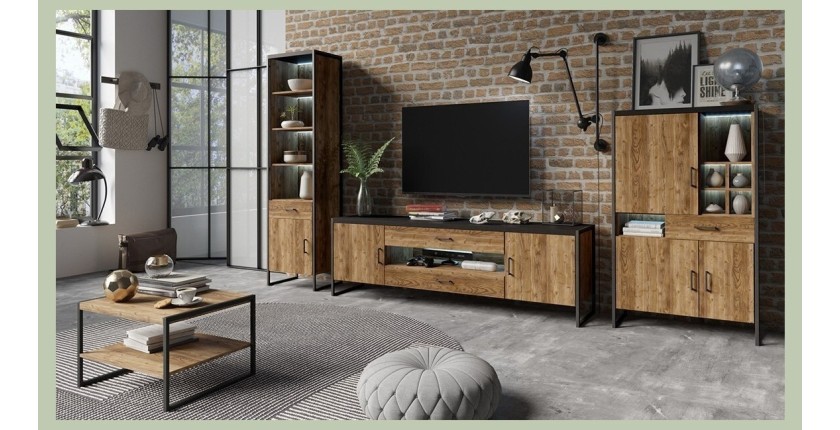 Meuble TV 200cm style industriel. Collection ANAFI. Coloris épicéa et noir