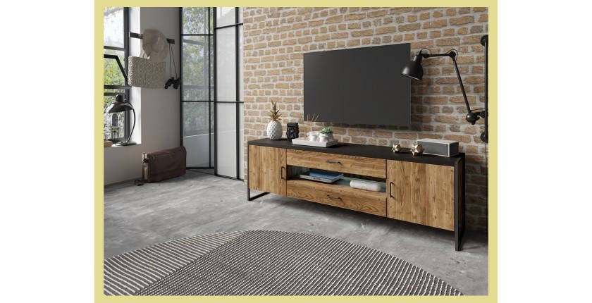 Meuble TV 200cm style industriel. Collection ANAFI. Coloris épicéa et noir