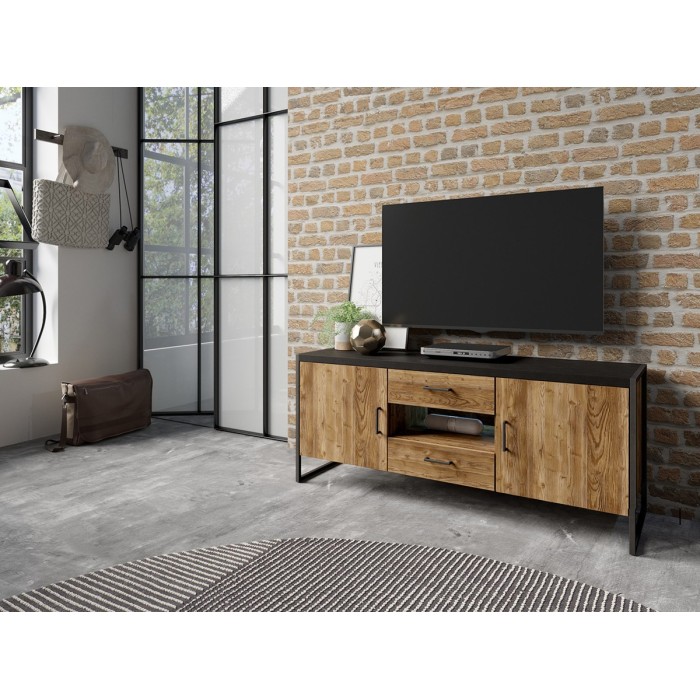 Meuble TV 150cm style industriel. Collection ANAFI. Coloris épicéa et noir
