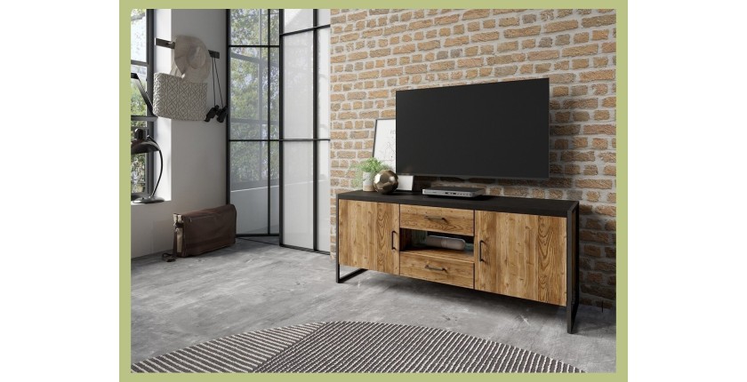 Meuble TV 150cm style industriel. Collection ANAFI. Coloris épicéa et noir