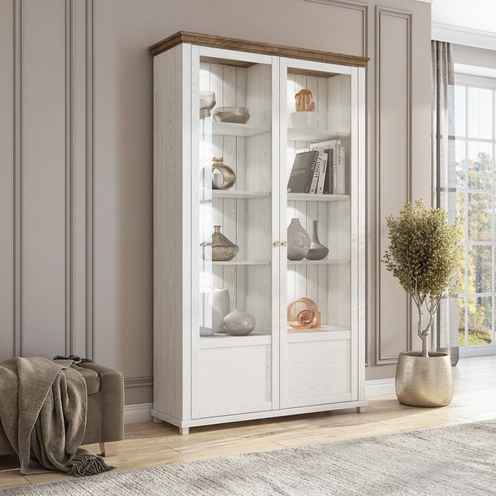 Vitrine large 2 portes collection ASSIA. Couleur frêne blanc et chêne