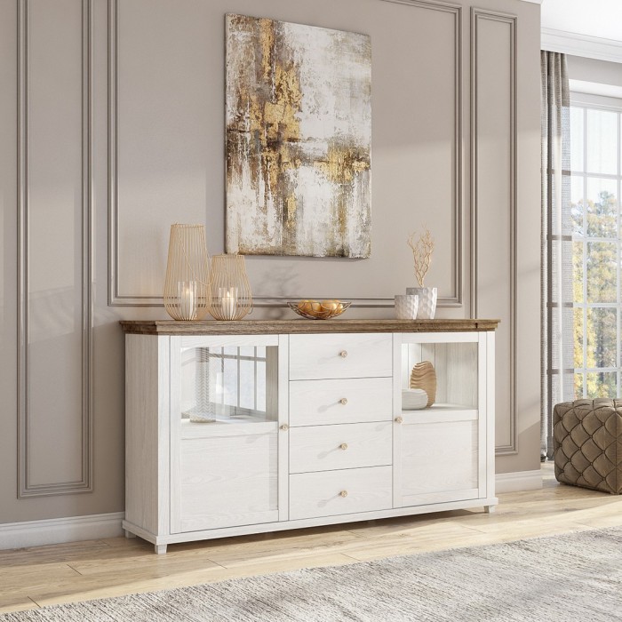 Buffet 180cm collection ASSIA. Coloris frêne blanc et chêne. 2 portes et 4 tiroirs
