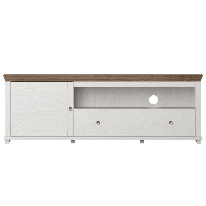 Meuble TV 180cm. Collection ASSIA. Coloris frêne blanc et chêne. 1 Porte et 1 tiroir