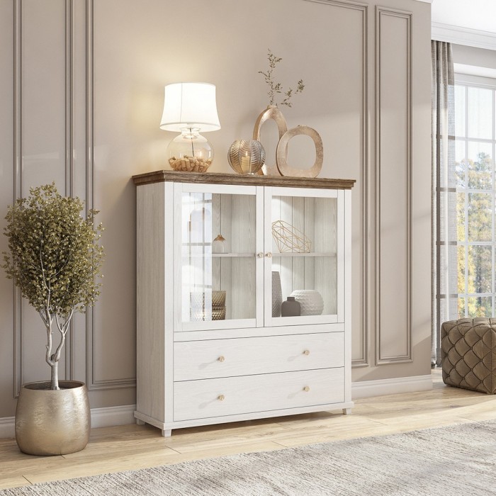 Vaisselier avec collection ASSIA. Coloris frêne blanc et chêne. 2 Portes et 2 Tiroirs