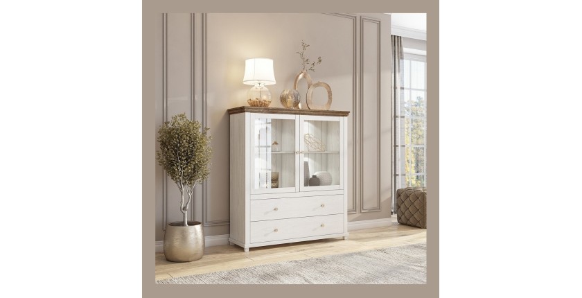 Vaisselier avec collection ASSIA. Coloris frêne blanc et chêne. 2 Portes et 2 Tiroirs