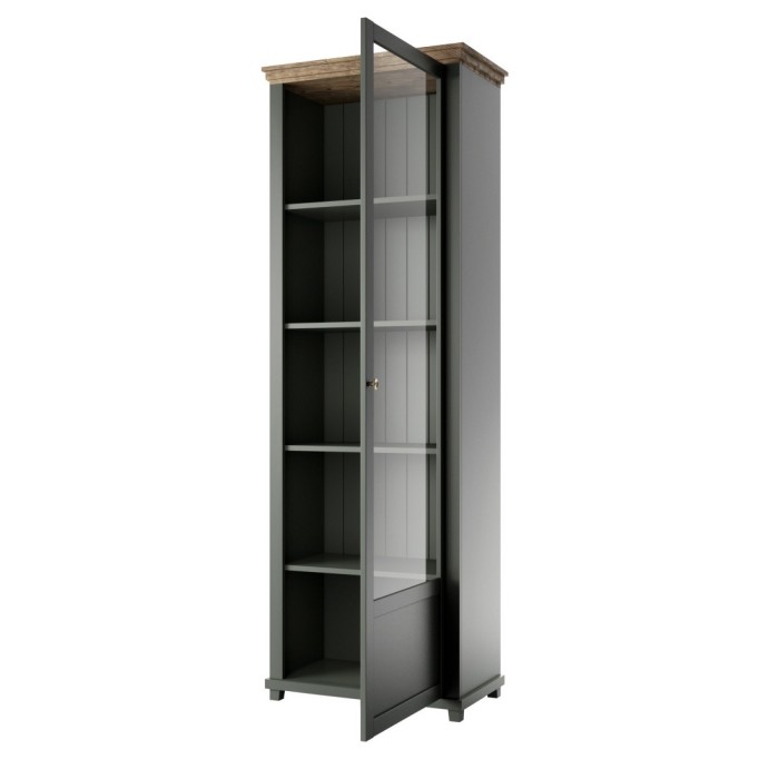 Vitrine 1 porte collection ASSIA. Coloris vert et chêne. Ouverture droite