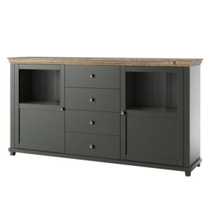 Buffet 180cm collection ASSIA. Coloris vert et chêne. 2 portes et 4 tiroirs