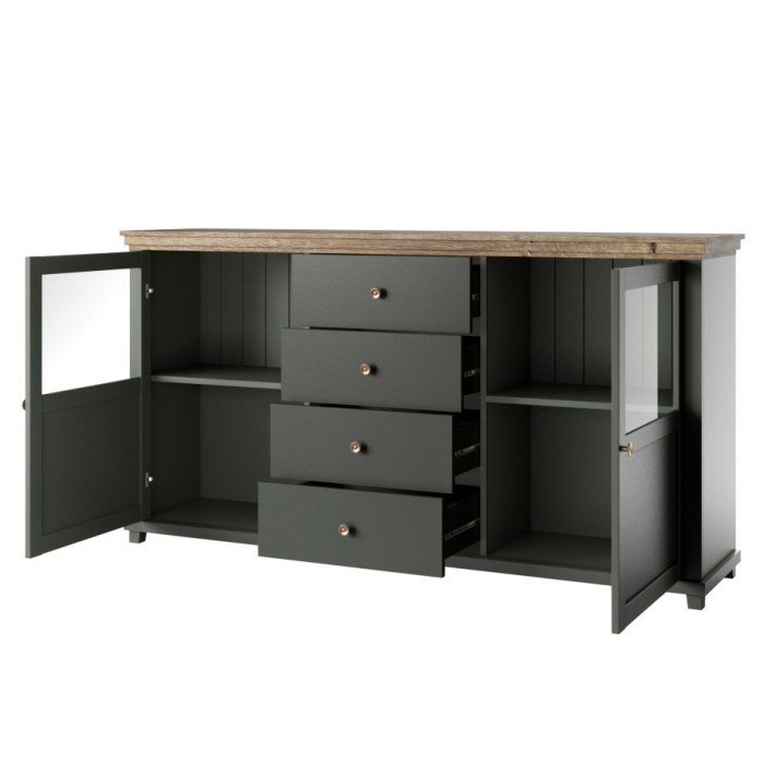 Buffet 180cm collection ASSIA. Coloris vert et chêne. 2 portes et 4 tiroirs