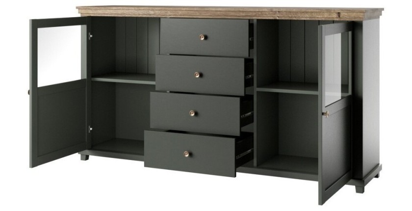 Buffet 180cm collection ASSIA. Coloris vert et chêne. 2 portes et 4 tiroirs
