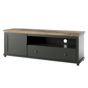 Meuble TV 180cm. Collection ASSIA. Coloris vert et chêne. 1 Porte et 1 tiroir