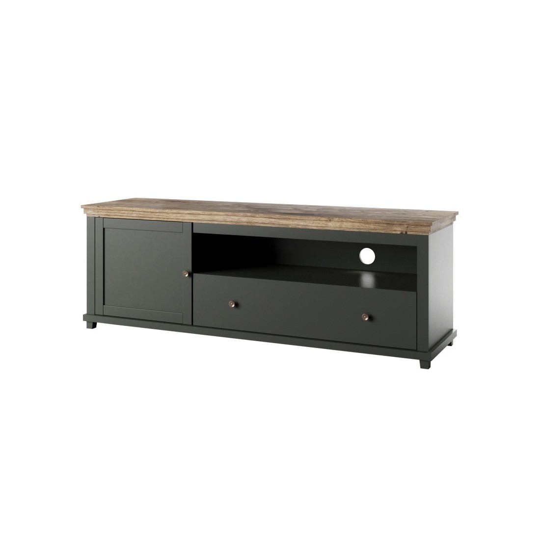 Meuble TV 180cm. Collection ASSIA. Coloris vert et chêne. 1 Porte et 1 tiroir