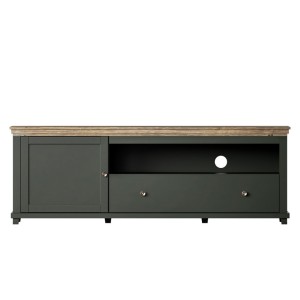 Meuble TV 180cm. Collection ASSIA. Coloris vert et chêne. 1 Porte et 1 tiroir