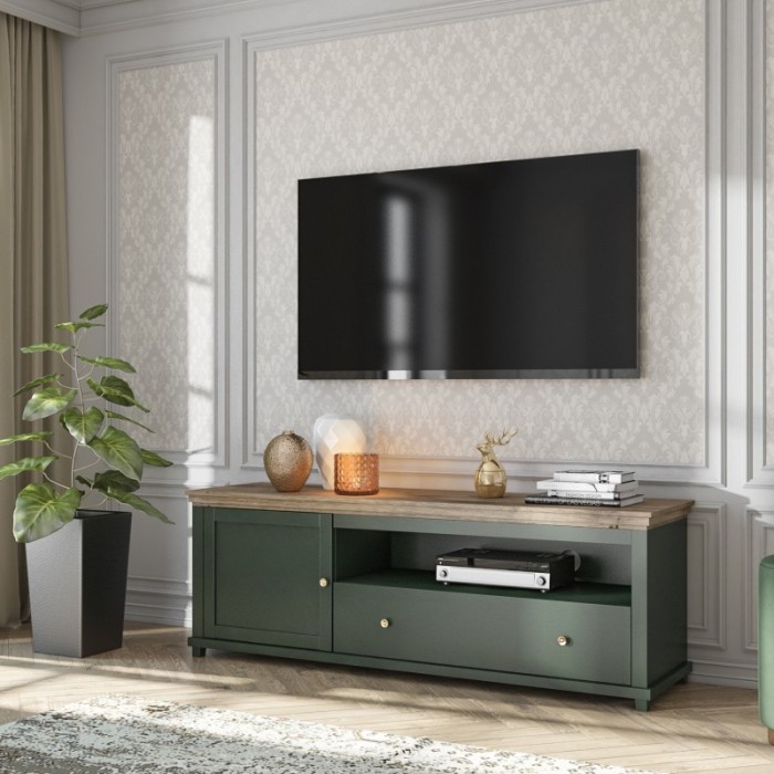 Meuble TV 180cm. Collection ASSIA. Coloris vert et chêne. 1 Porte et 1 tiroir