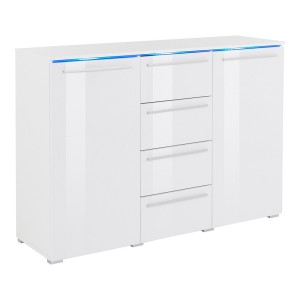 Buffet design RIO, 2 portes et 4 tiroirs. Coloris blanc brillant