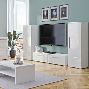 Meuble TV 160cm Collection RIO. 1 porte abattante, coloris blanc brillant. Style design