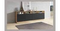 Buffet XL 240cm collection VILLA. Couleur chêne et noir. 4 portes et 4 niches