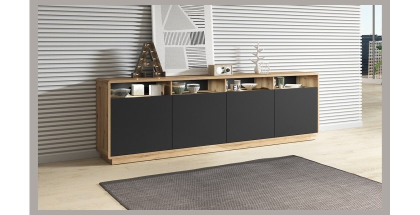 Buffet XL 240cm collection VILLA. Couleur chêne et noir. 4 portes et 4 niches