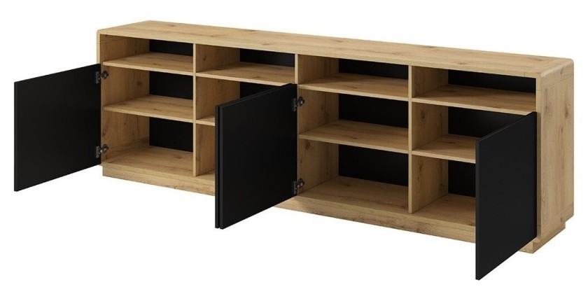 Buffet XL 240cm collection VILLA. Couleur chêne et noir. 4 portes et 4 niches