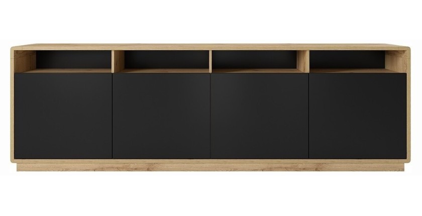 Buffet XL 240cm collection VILLA. Couleur chêne et noir. 4 portes et 4 niches