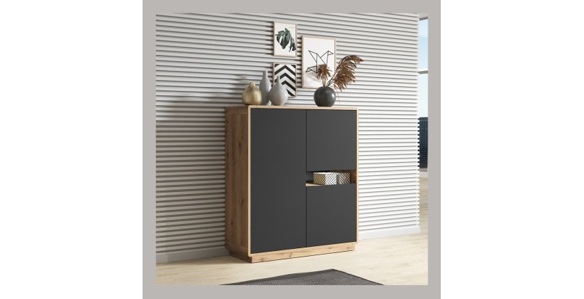 Buffet haut collection VILLA. Couleur chêne et noir. 3 portes et 1 niche