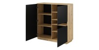 Buffet haut collection VILLA. Couleur chêne et noir. 3 portes et 1 niche