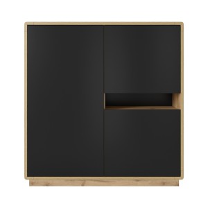 Buffet haut collection VILLA. Couleur chêne et noir. 3 portes et 1 niche