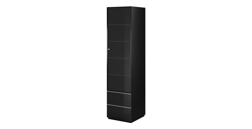 Vitrine haute, 1 porte vitrée et 2 tiroirs collection ZANTE. Coloris noir brillant pailleté