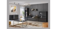 Vitrine haute, 1 porte vitrée et 2 tiroirs collection ZANTE. Coloris noir brillant pailleté