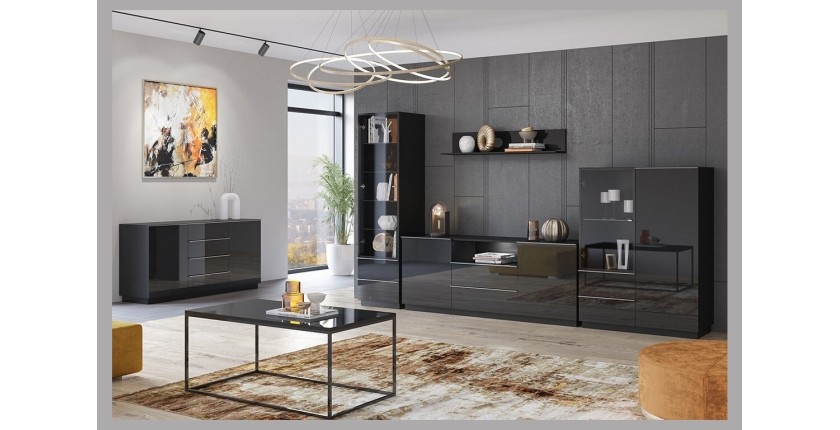 Vitrine haute, 1 porte vitrée et 2 tiroirs collection ZANTE. Coloris noir brillant pailleté