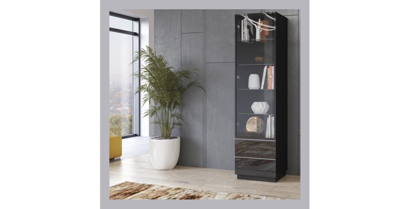 Vitrine haute, 1 porte vitrée et 2 tiroirs collection ZANTE. Coloris noir brillant pailleté