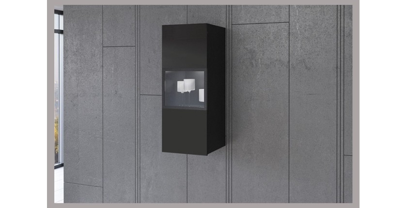 Vitrine suspendue, 1 porte vitrée collection ZANTE. Coloris noir brillant pailleté