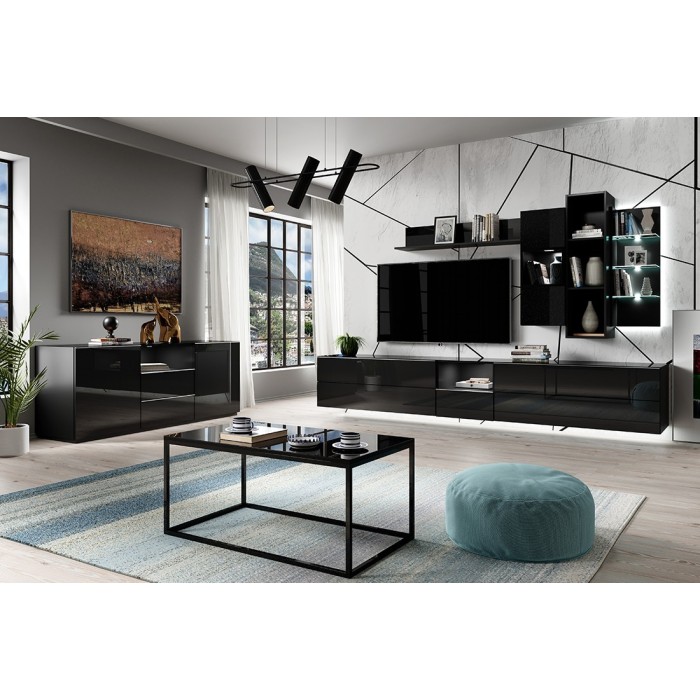 Vitrine suspendue, 1 porte vitrée collection ZANTE. Coloris noir brillant pailleté