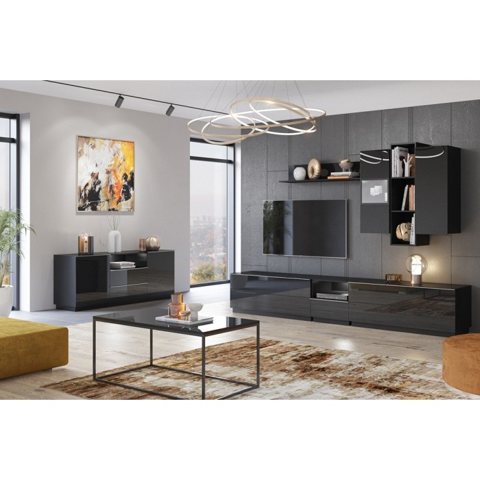 Buffet 180cm 2 portes et 2 tiroirs collection ZANTE. Coloris noir brillant pailleté